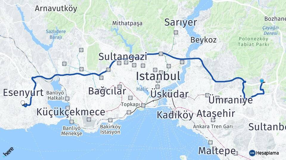 İstanbul Çekmeköy Alemdağ Beylikdüzü Arası Kaç Km - Yol Haritası