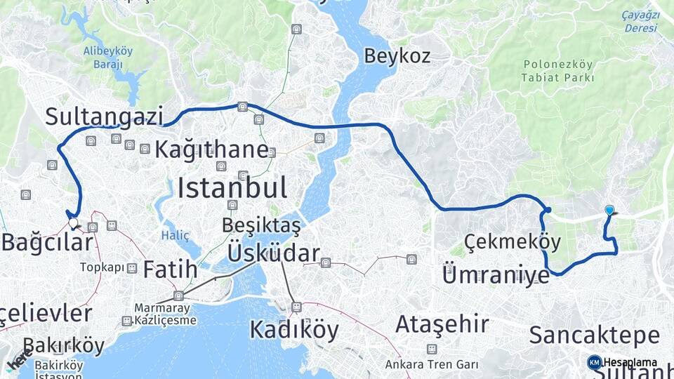 İstanbul Çekmeköy Alemdağ Esenler Arası Kaç Km - Yol Haritası