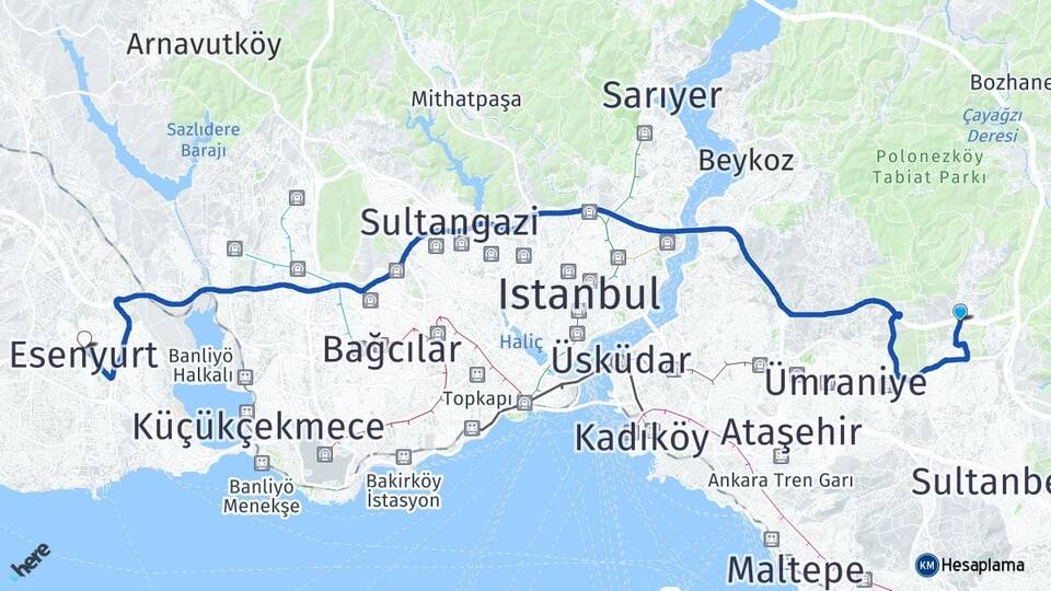 İstanbul Çekmeköy Alemdağ Esenyurt Arası Kaç Km - Yol Haritası