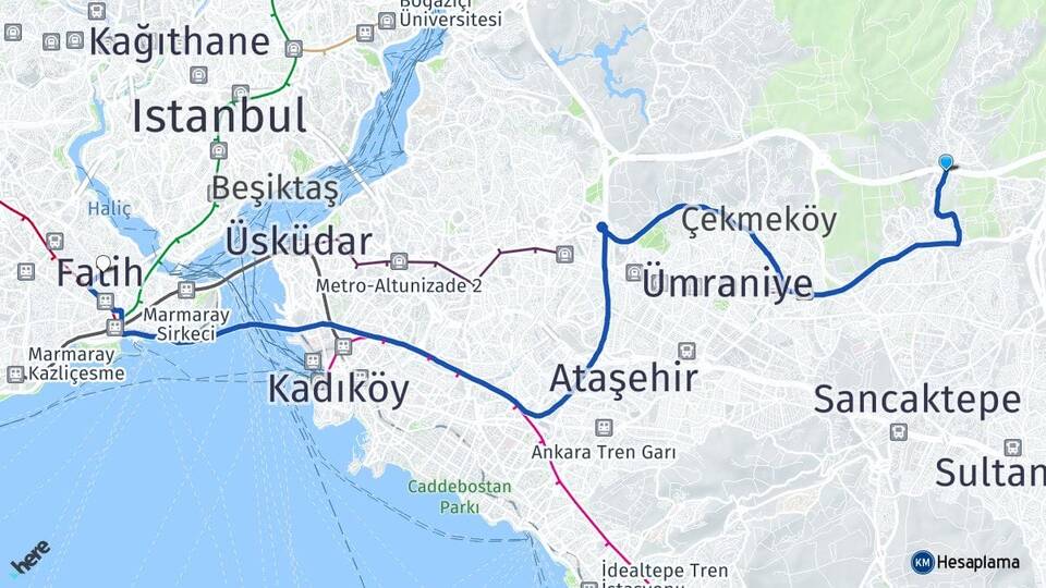 İstanbul Çekmeköy Alemdağ Fatih Arası Kaç Km - Yol Haritası