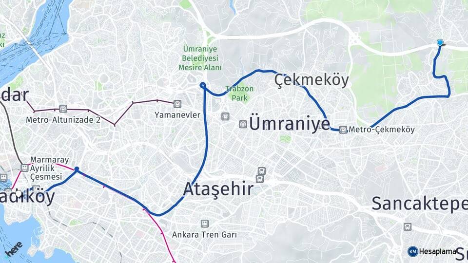 İstanbul Çekmeköy Alemdağ Kadıköy Arası Kaç Km - Yol Haritası
