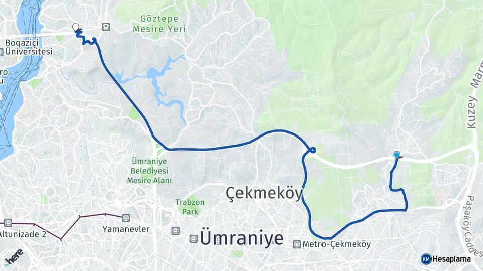 İstanbul Çekmeköy Alemdağ Kavacık Beykoz Arası Kaç Km - Yol Haritası