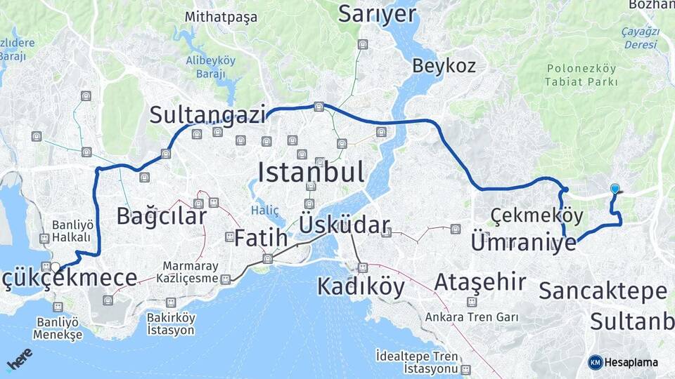 İstanbul Çekmeköy Alemdağ Küçükçekmece Arası Kaç Km - Yol Haritası
