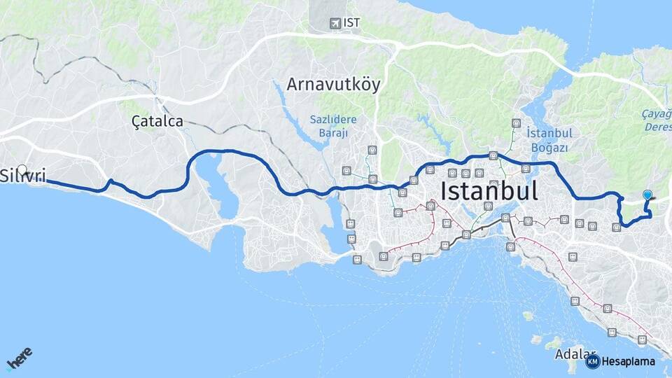 İstanbul Çekmeköy Alemdağ Silivri Arası Kaç Km - Yol Haritası
