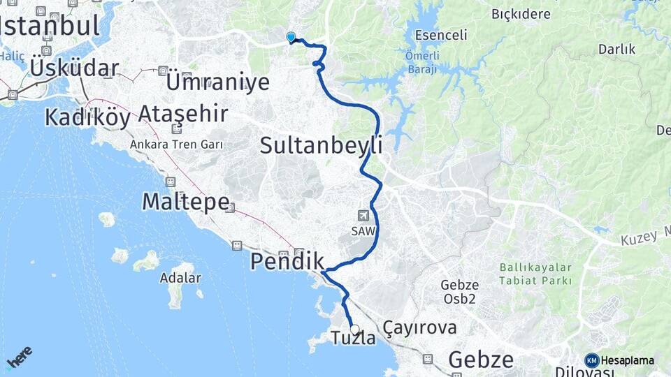 İstanbul Çekmeköy Alemdağ Tuzla Arası Kaç Km - Yol Haritası