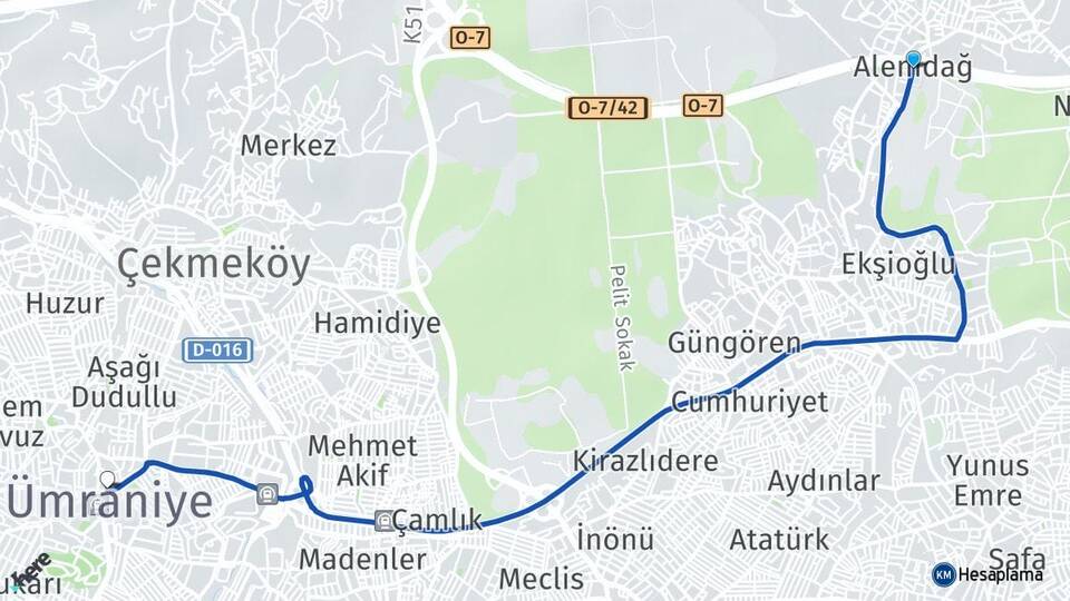 İstanbul Çekmeköy Alemdağ Ümraniye Arası Kaç Km - Yol Haritası