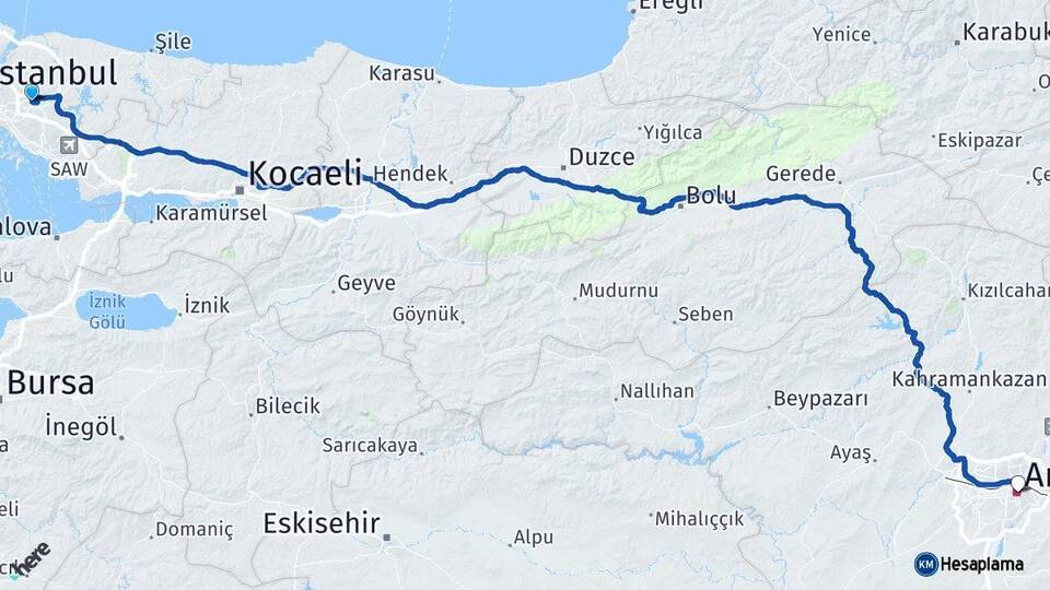 İstanbul Çekmeköy Ankara Arası Kaç Km - Yol Haritası