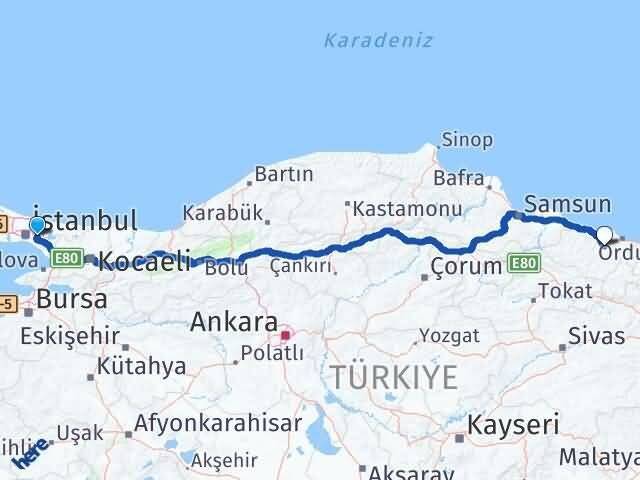 İstanbul Çekmeköy Aslancami Fatsa Ordu Arası Kaç Km - Yol Haritası