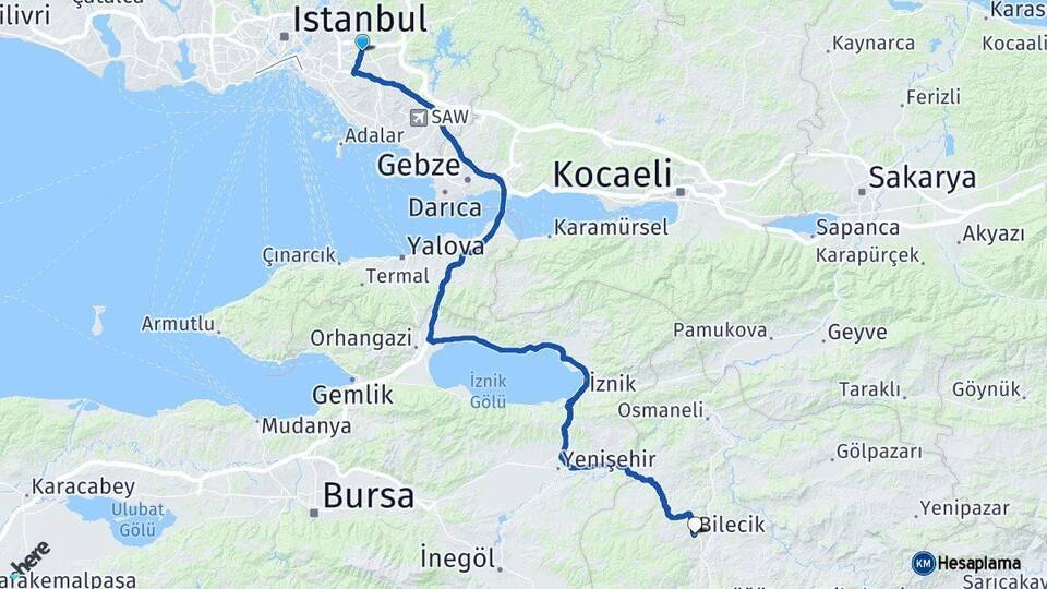 İstanbul Çekmeköy Bilecik Arası Kaç Km - Yol Haritası