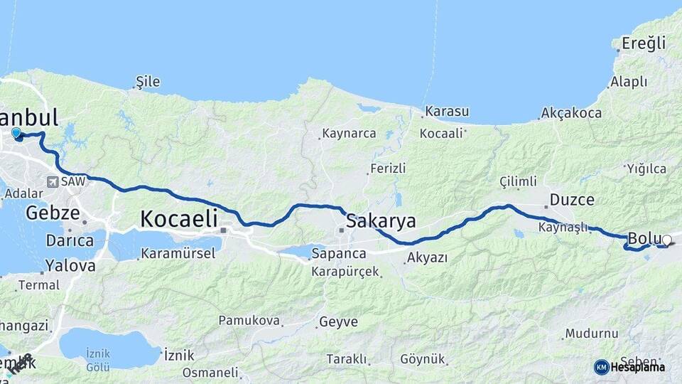 İstanbul Çekmeköy Bolu Arası Kaç Km - Yol Haritası