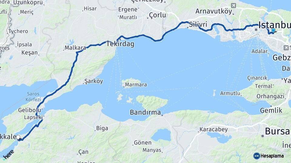 İstanbul Çekmeköy Çanakkale Arası Kaç Km - Yol Haritası