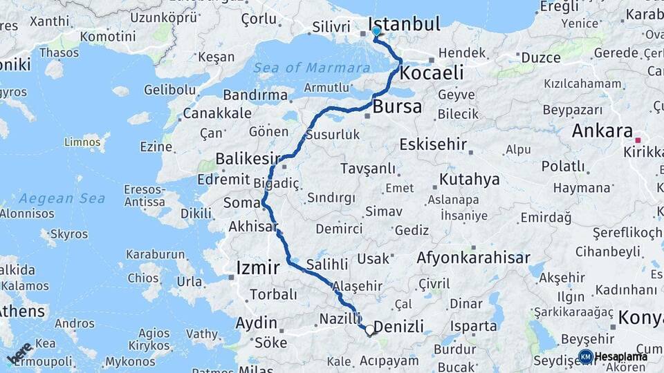 İstanbul Çekmeköy Denizli Arası Kaç Km - Yol Haritası