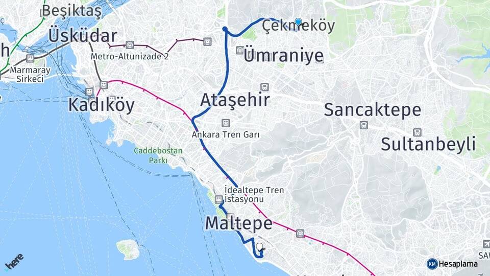 İstanbul Çekmeköy Dragos Kartal Arası Kaç Km - Yol Haritası