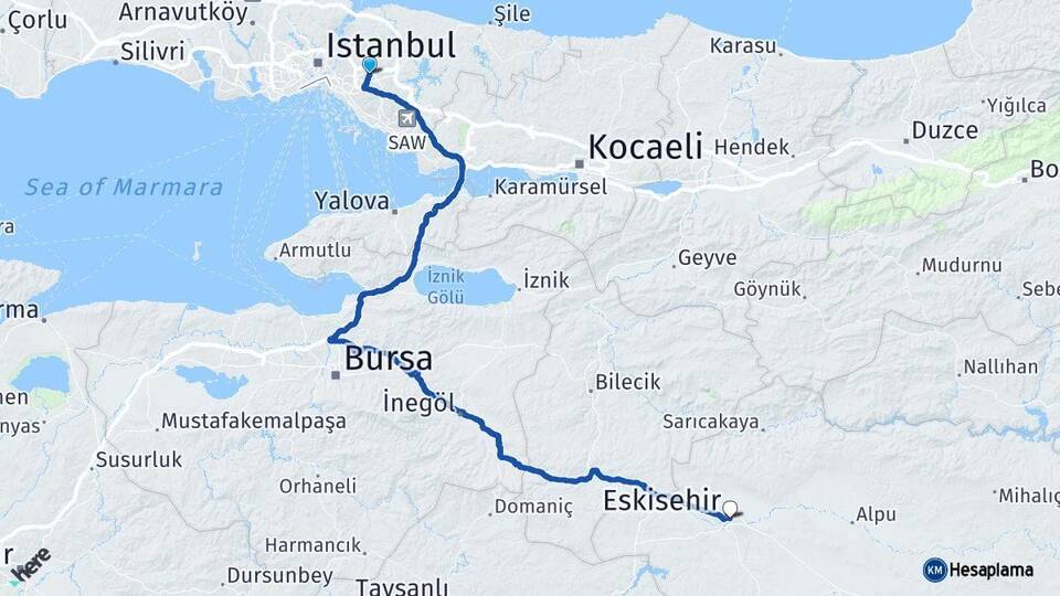 İstanbul Çekmeköy Eskişehir Arası Kaç Km - Yol Haritası