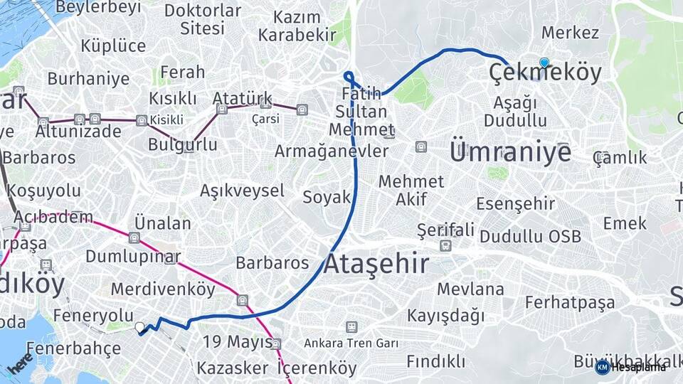 İstanbul Çekmeköy Göztepe Kadıköy Arası Kaç Km - Yol Haritası
