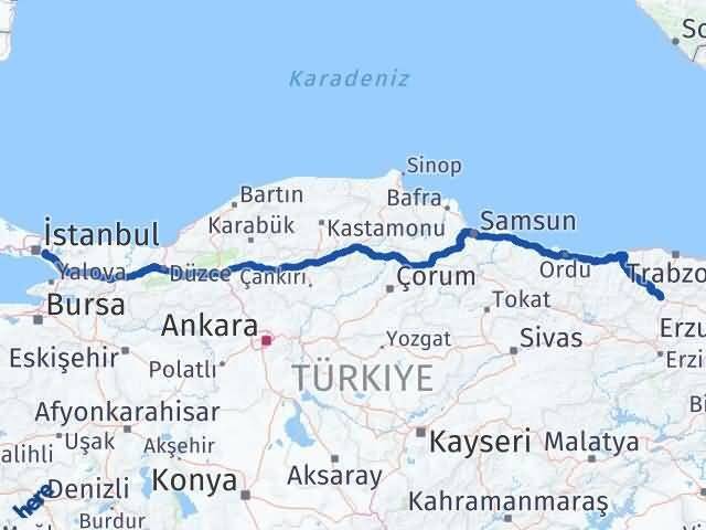 İstanbul Çekmeköy Gümüşhane Arası Kaç Km - Yol Haritası