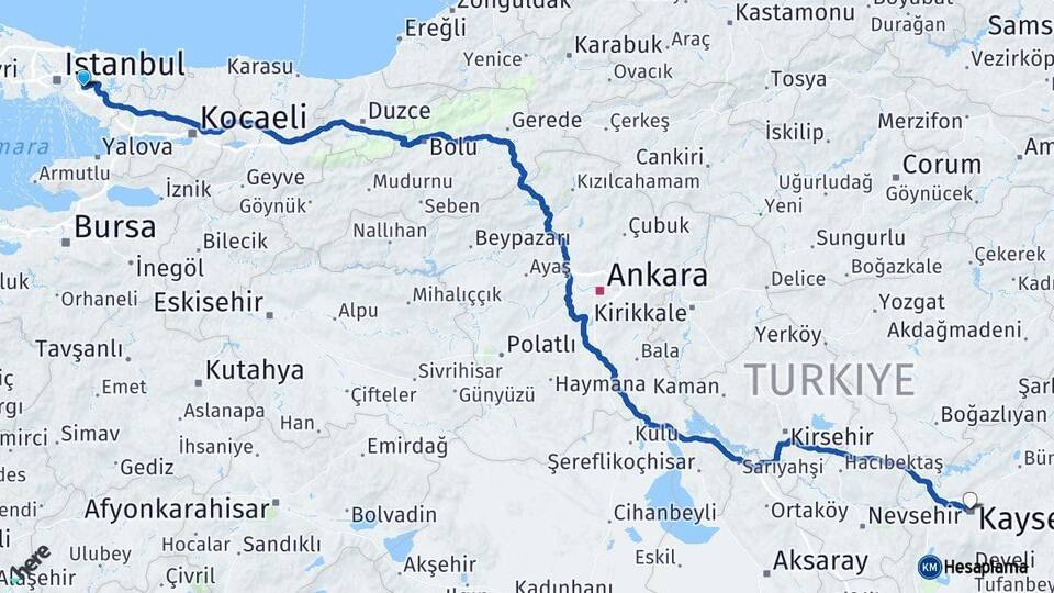 İstanbul Çekmeköy Kayseri Arası Kaç Km - Yol Haritası