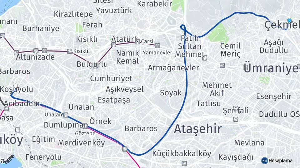 İstanbul Çekmeköy Koşuyolu Kadıköy Arası Kaç Km - Yol Haritası