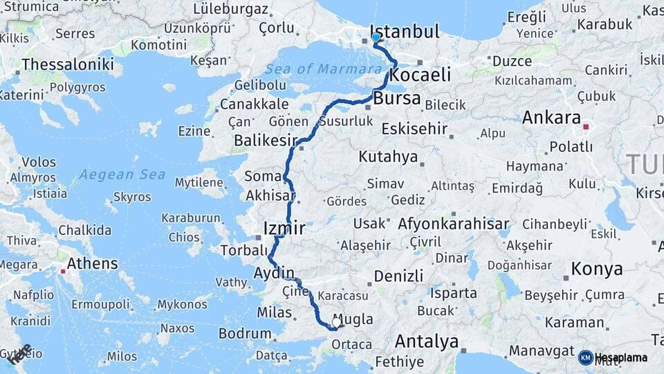 İstanbul Çekmeköy Muğla Arası Kaç Km - Yol Haritası
