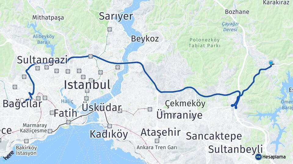 İstanbul Çekmeköy Ömerli Bağcılar Arası Kaç Km - Yol Haritası
