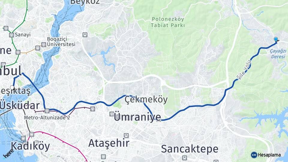 İstanbul Çekmeköy Ömerli Beşiktaş Arası Kaç Km - Yol Haritası