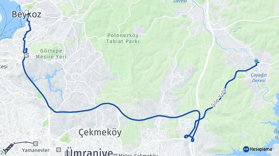 İstanbul Çekmeköy Ömerli Beykoz Arası Kaç Km - Yol Haritası