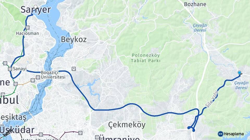 İstanbul Çekmeköy Ömerli Sarıyer Arası Kaç Km - Yol Haritası