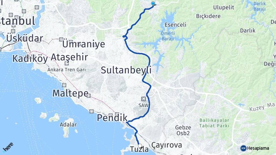 İstanbul Çekmeköy Ömerli Tuzla Arası Kaç Km - Yol Haritası