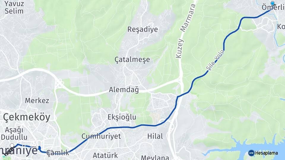 İstanbul Çekmeköy Ömerli Ümraniye Arası Kaç Km - Yol Haritası