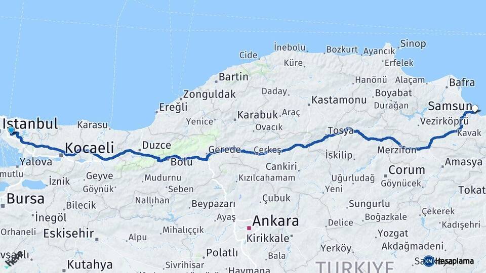 İstanbul Çekmeköy Samsun Arası Kaç Km - Yol Haritası