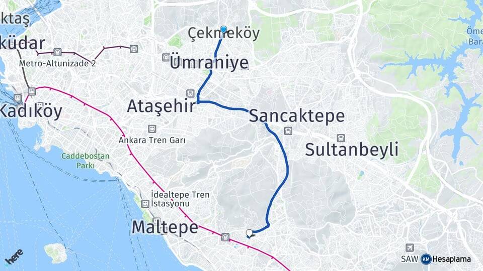 İstanbul Çekmeköy Soğanlık Yeni Kartal Arası Kaç Km - Yol Haritası