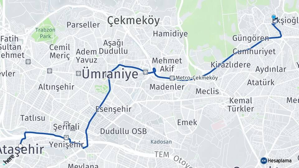 İstanbul Çekmeköy Taşdelen Ataşehir Arası Kaç Km - Yol Haritası
