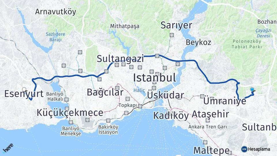 İstanbul Çekmeköy Taşdelen Esenyurt Arası Kaç Km - Yol Haritası