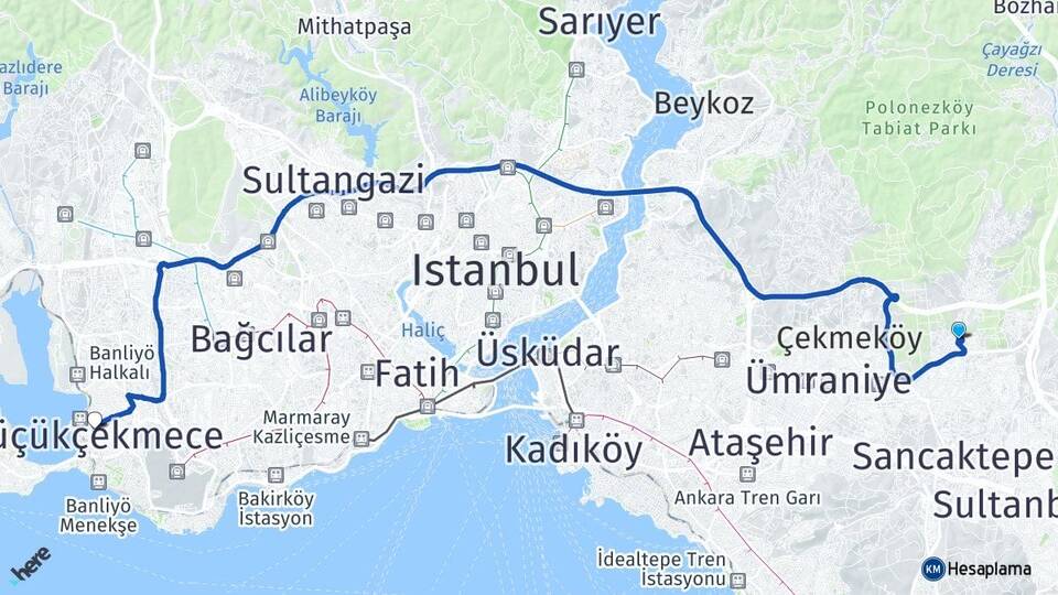 İstanbul Çekmeköy Taşdelen Küçükçekmece Arası Kaç Km - Yol Haritası