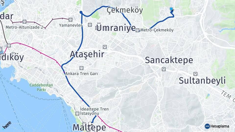 İstanbul Çekmeköy Taşdelen Maltepe Arası Kaç Km - Yol Haritası