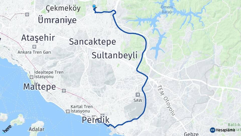İstanbul Çekmeköy Taşdelen Pendik Arası Kaç Km - Yol Haritası