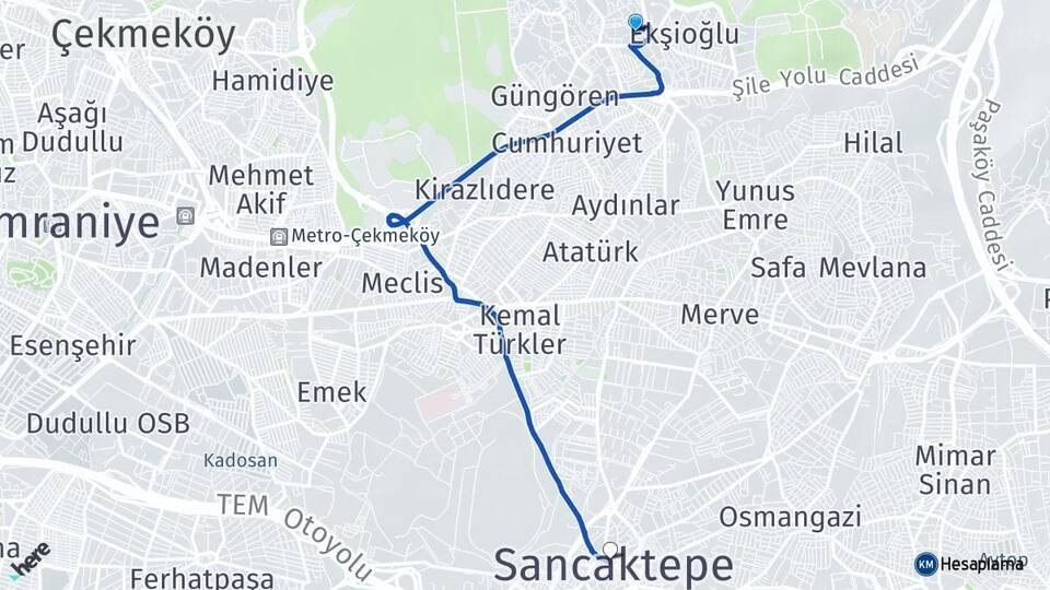 İstanbul Çekmeköy Taşdelen Sancaktepe Arası Kaç Km - Yol Haritası