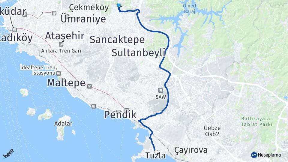 İstanbul Çekmeköy Taşdelen Tuzla Arası Kaç Km - Yol Haritası