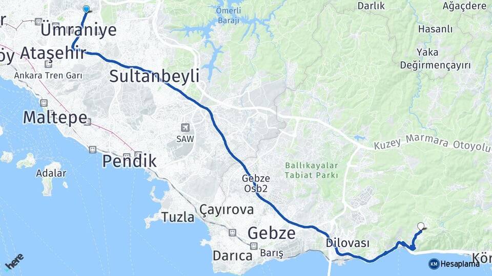İstanbul Çekmeköy Yukarı Hereke Körfez Kocaeli Arası Kaç Km - Yol Haritası