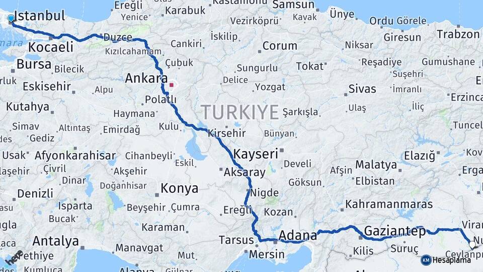 İstanbul Ceylanpınar Şanlıurfa Arası Kaç Km - Yol Haritası