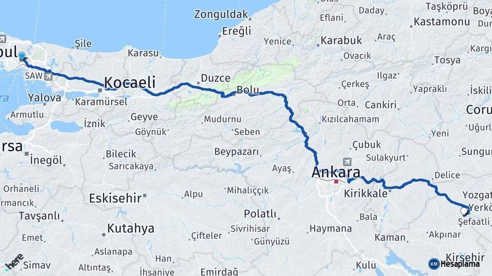 İstanbul Çiçekdağı Kırşehir Arası Kaç Km - Yol Haritası