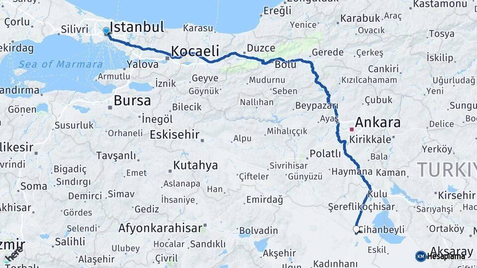 İstanbul Cihanbeyli Konya Arası Kaç Km - Yol Haritası