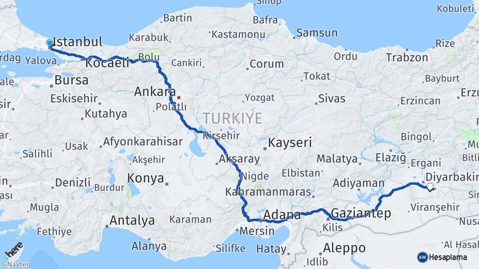 İstanbul Çınar Diyarbakır Arası Kaç Km - Yol Haritası
