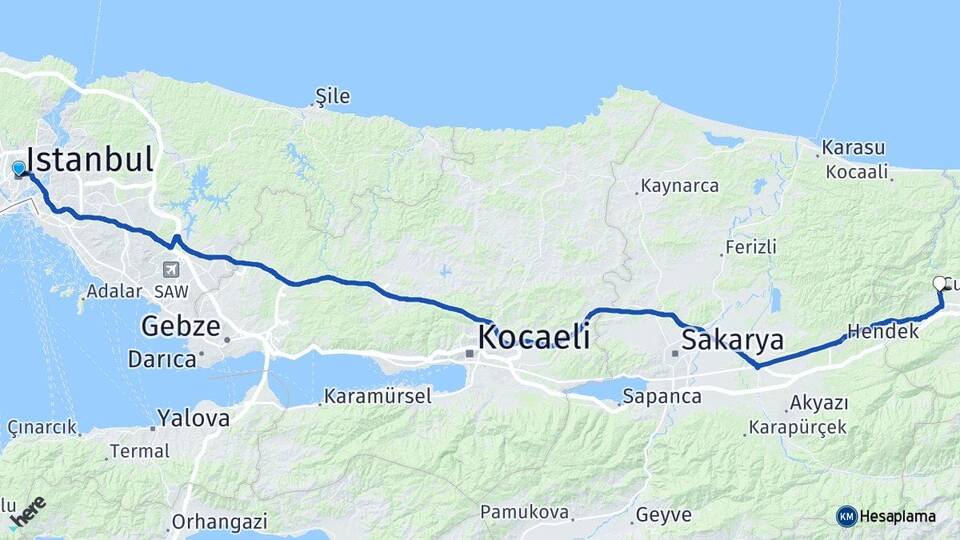İstanbul Cumayeri Düzce Arası Kaç Km - Yol Haritası