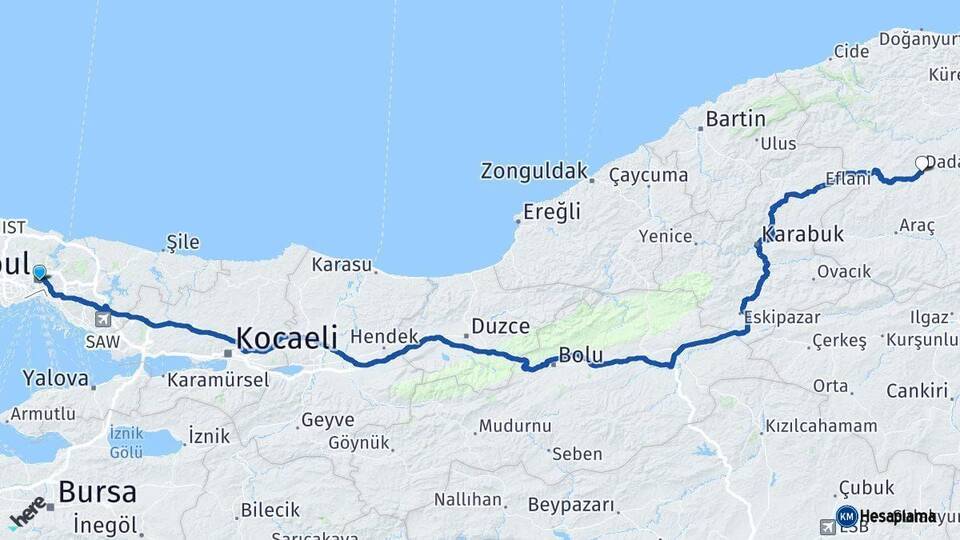İstanbul Daday Kastamonu Arası Kaç Km - Yol Haritası