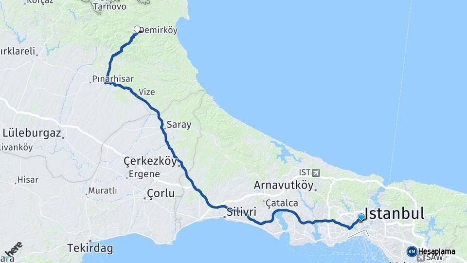 İstanbul Demirköy Kırklareli Arası Kaç Km - Yol Haritası