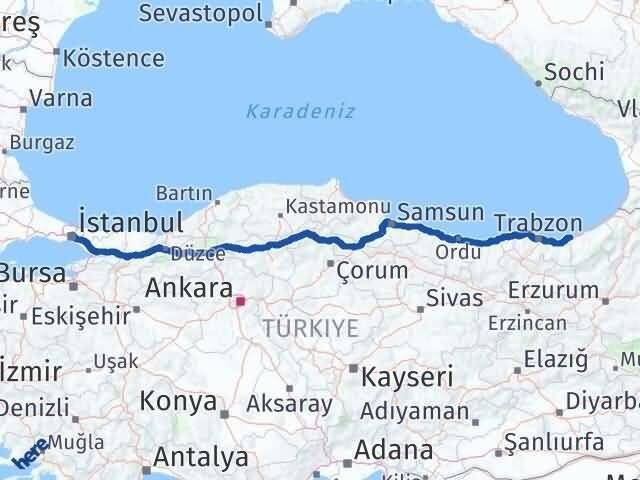 İstanbul Derepazarı Rize Arası Kaç Km - Yol Haritası