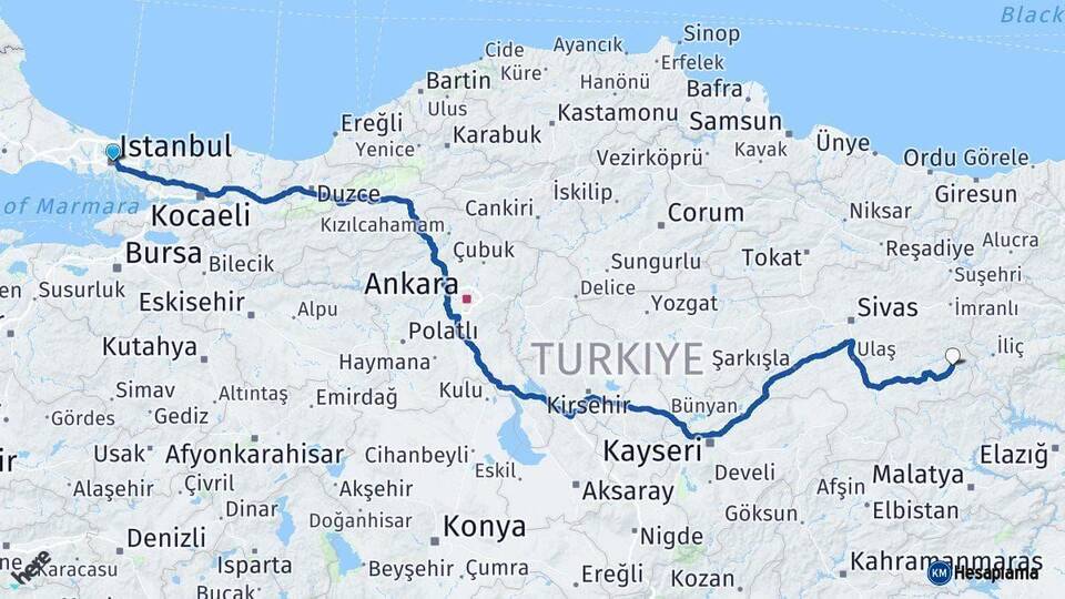 İstanbul Divriği Sivas Arası Kaç Km - Yol Haritası