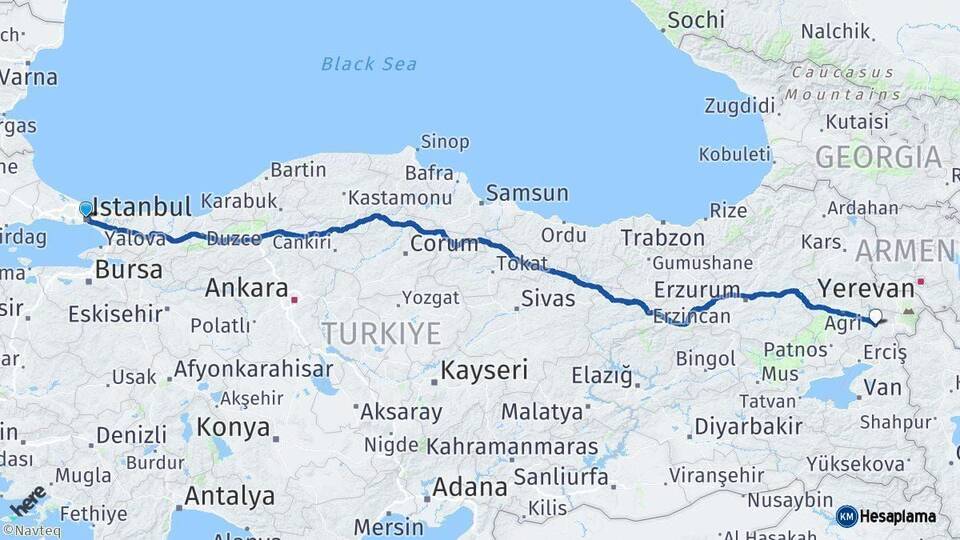 İstanbul Diyadin Ağrı Arası Kaç Km - Yol Haritası