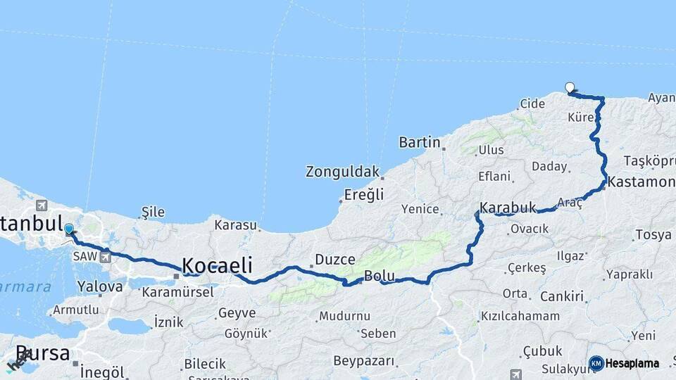 İstanbul Doğanyurt Kastamonu Arası Kaç Km - Yol Haritası